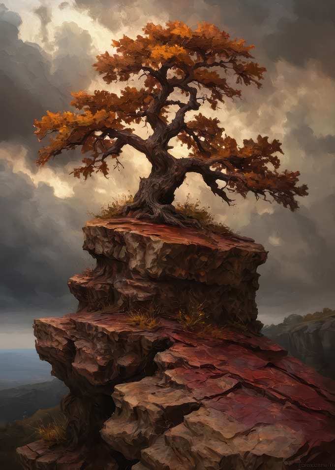 Solitary Autumn Tree on a Craggy Cliff — Dramatic Painterly Landscape