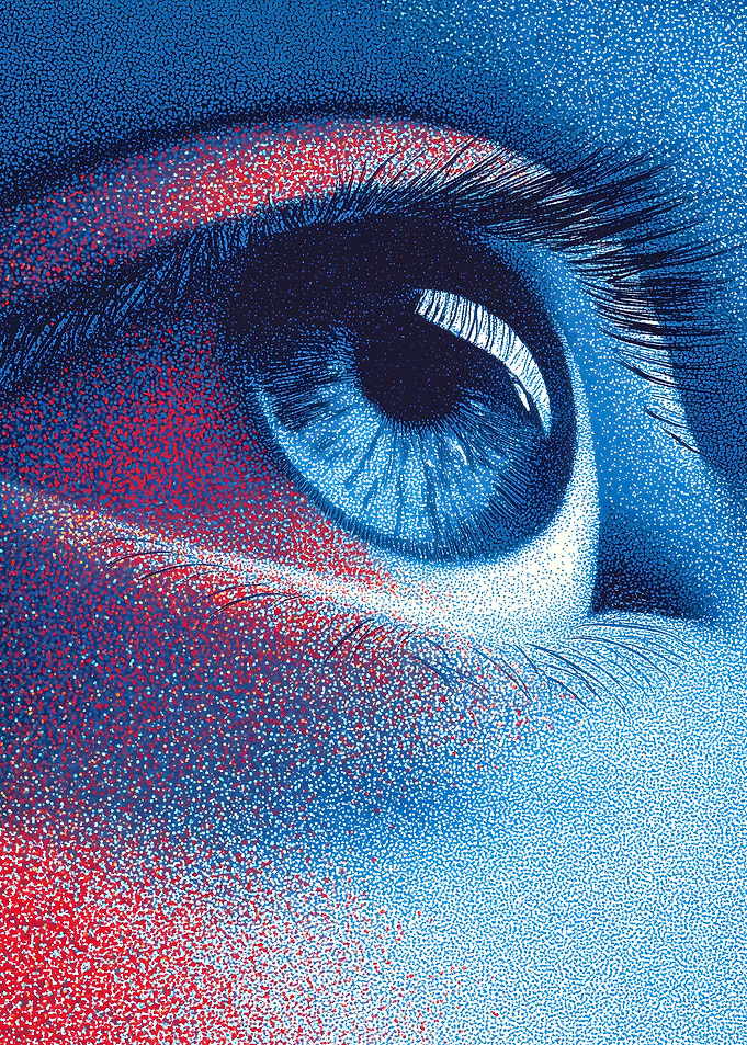 Close-up of a Blue Eye with Red and Blue Stippling