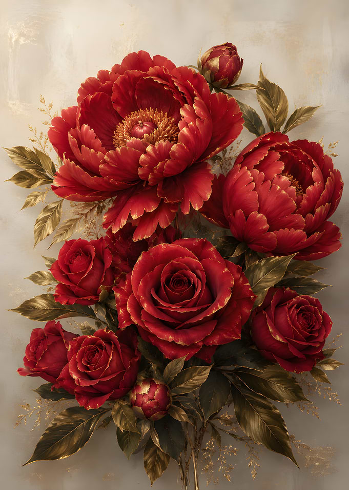 Red Peonies and Roses with Gold Accents