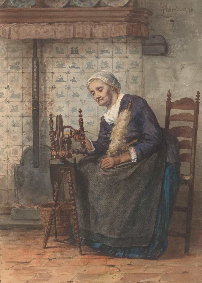 Woman Spinning Wool by Fireplace
