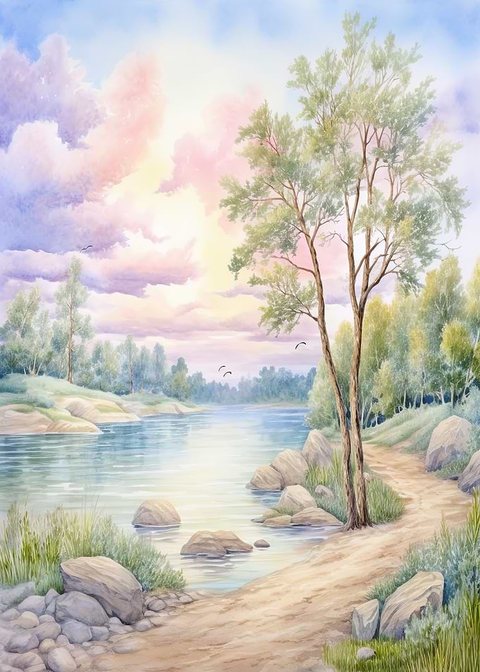 Peaceful Riverside Landscape Painting