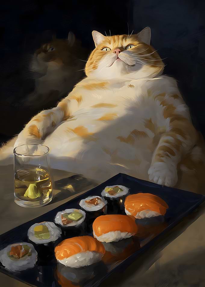 Fat Cat Enjoying Sushi and Drink