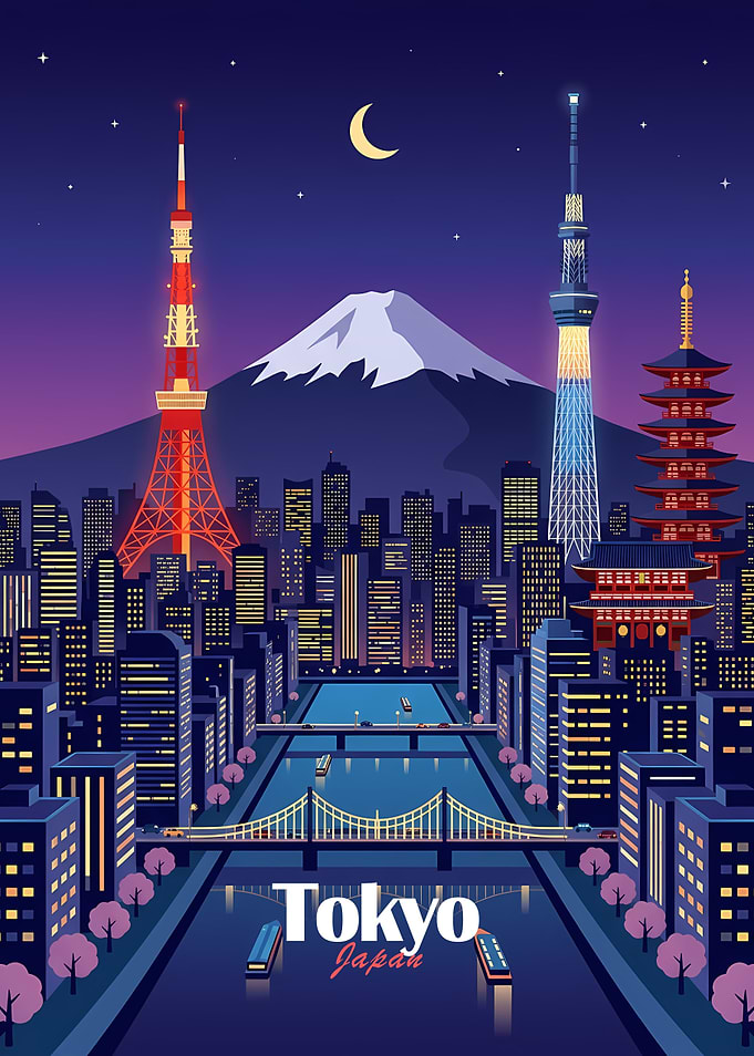 Tokyo Cityscape at Night with Mount Fuji