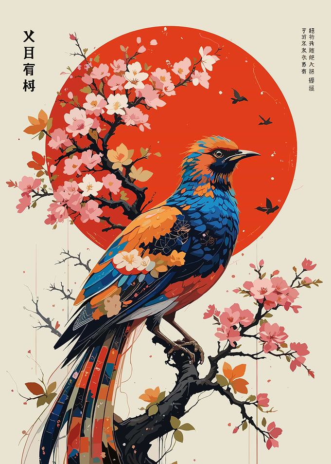 Vibrant Bird on Cherry Blossom Branch