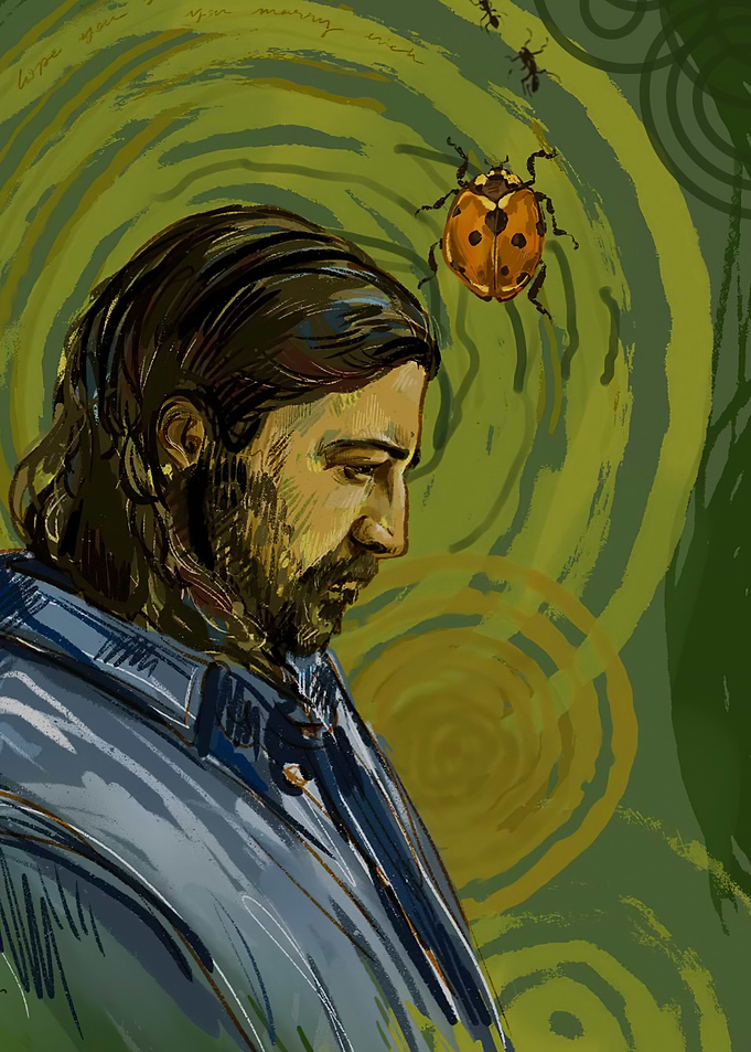 Man Gazing at Ladybug and Ants