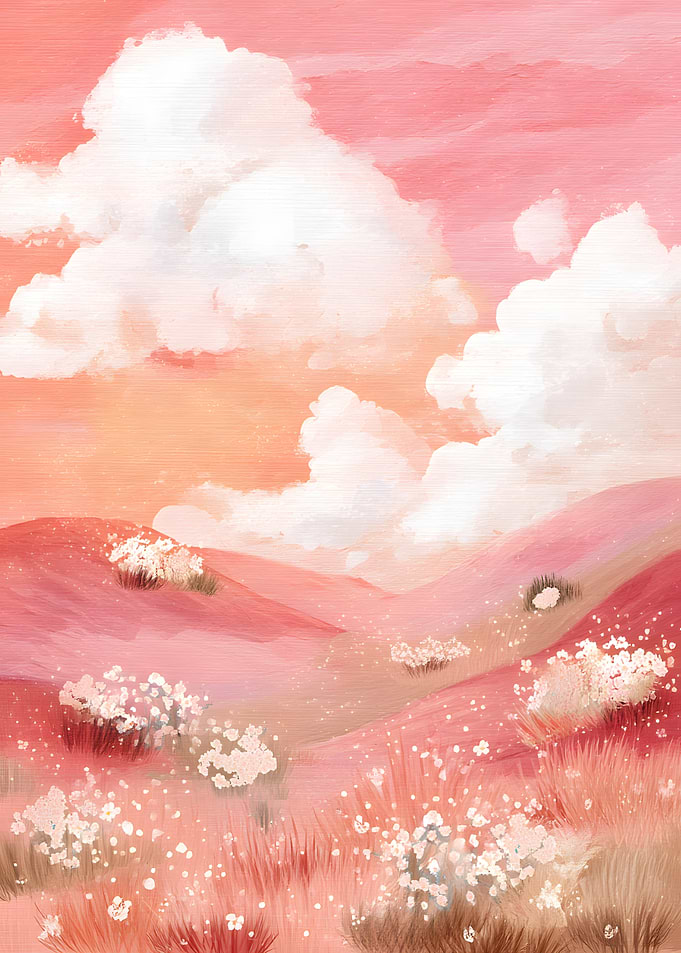 Dreamy Pink Landscape with Clouds and Flowers