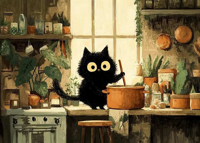 Black cat cooking in a cozy kitchen