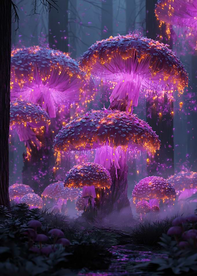 Enchanted glowing mushrooms in a dark forest