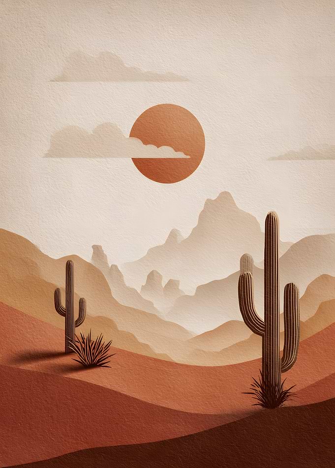 Desert Landscape with Cacti and Sun