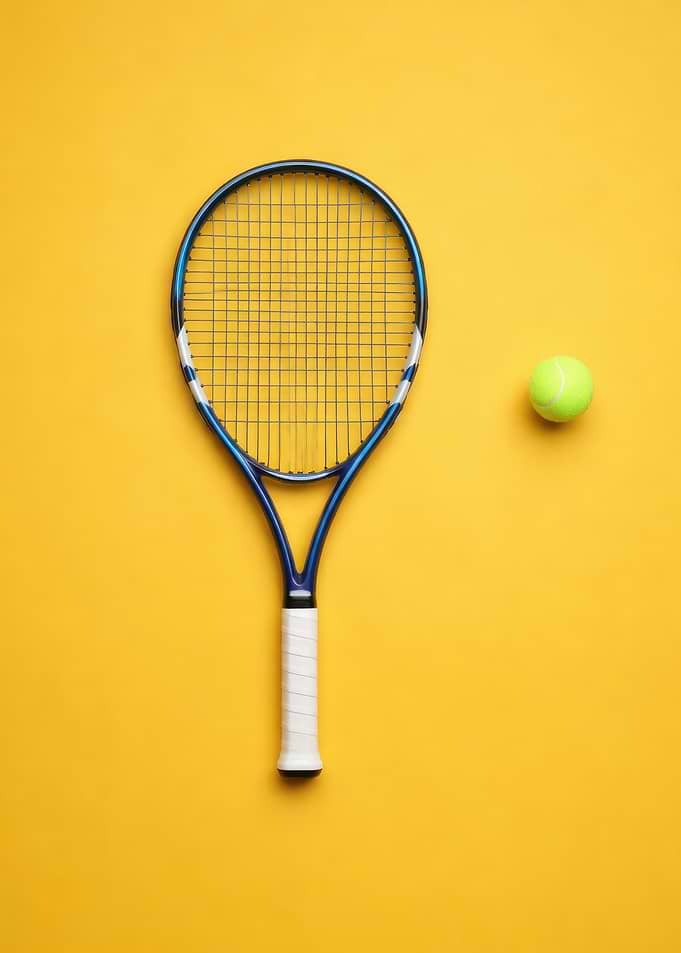 Tennis racket and ball on yellow background