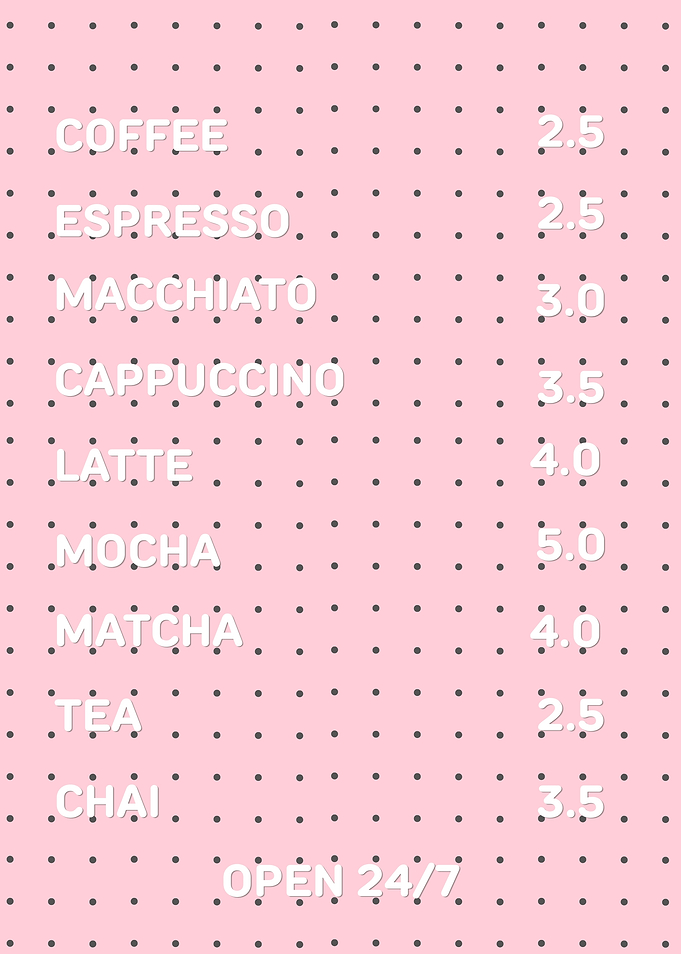Pink Cafe Menu with Coffee Drinks