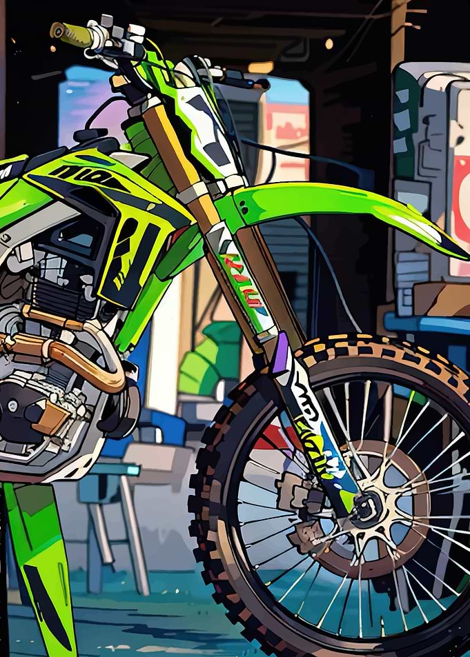Green Motocross Bike in Workshop