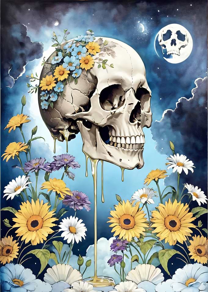 Skull with Flowers and Moon