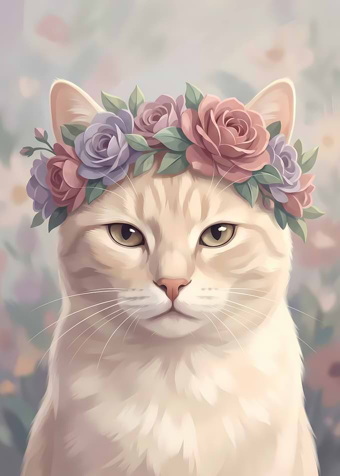 Cream Cat Wearing Colorful Flower Crown