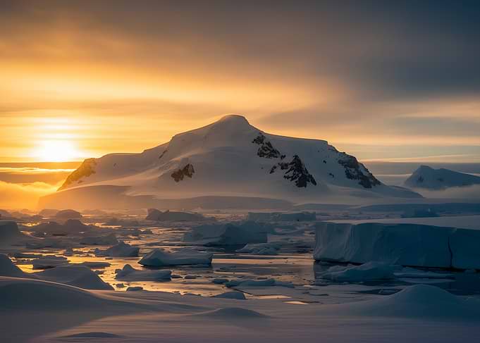 Antarctic Sunrise Over Icy Landscape
