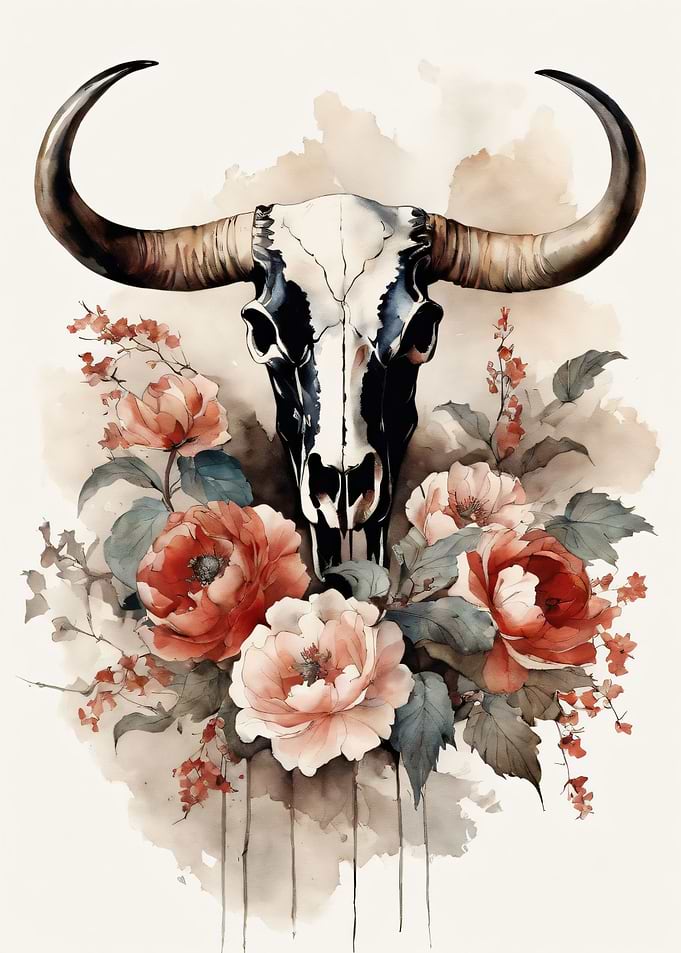 Bull Skull with Flowers Watercolor