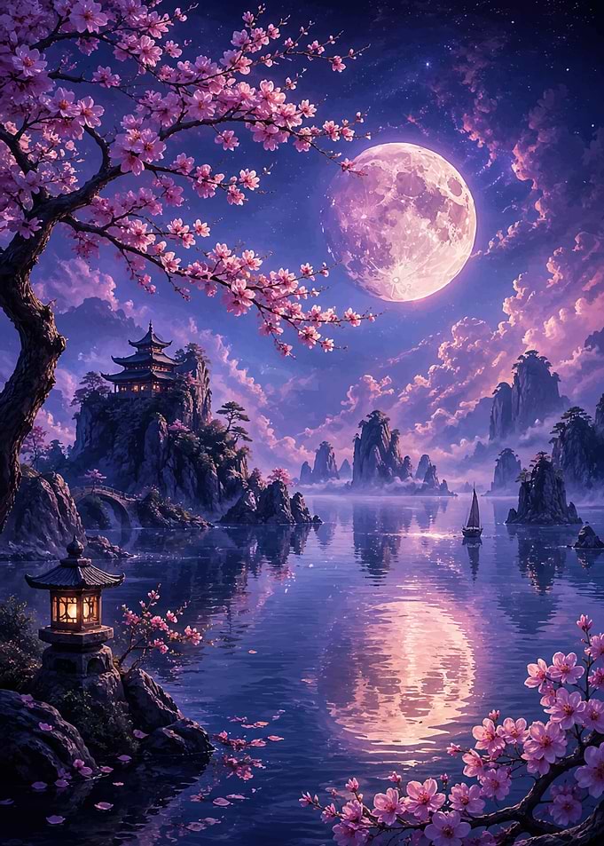 Enchanting Japanese Landscape Under a Full Moon