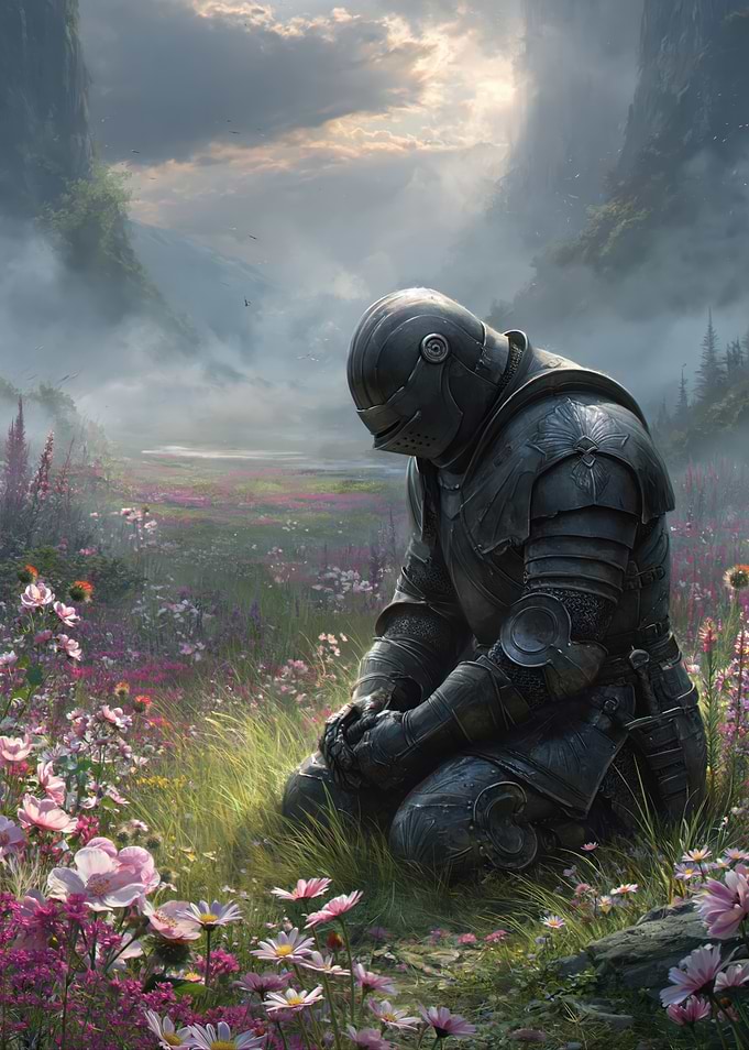 Knight Kneeling in a Field of Flowers