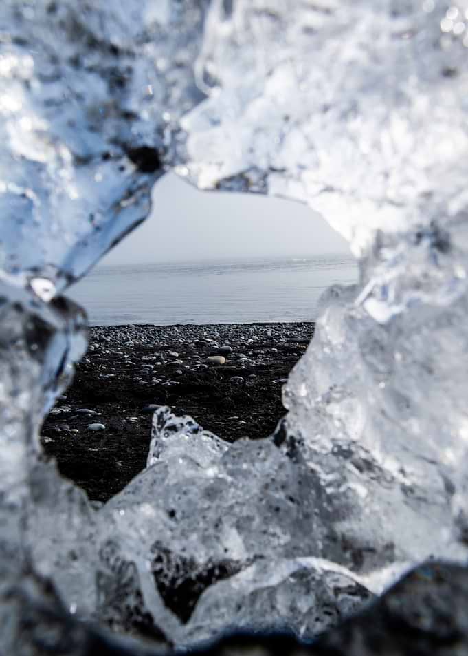 Ice chunks on a black sand beach