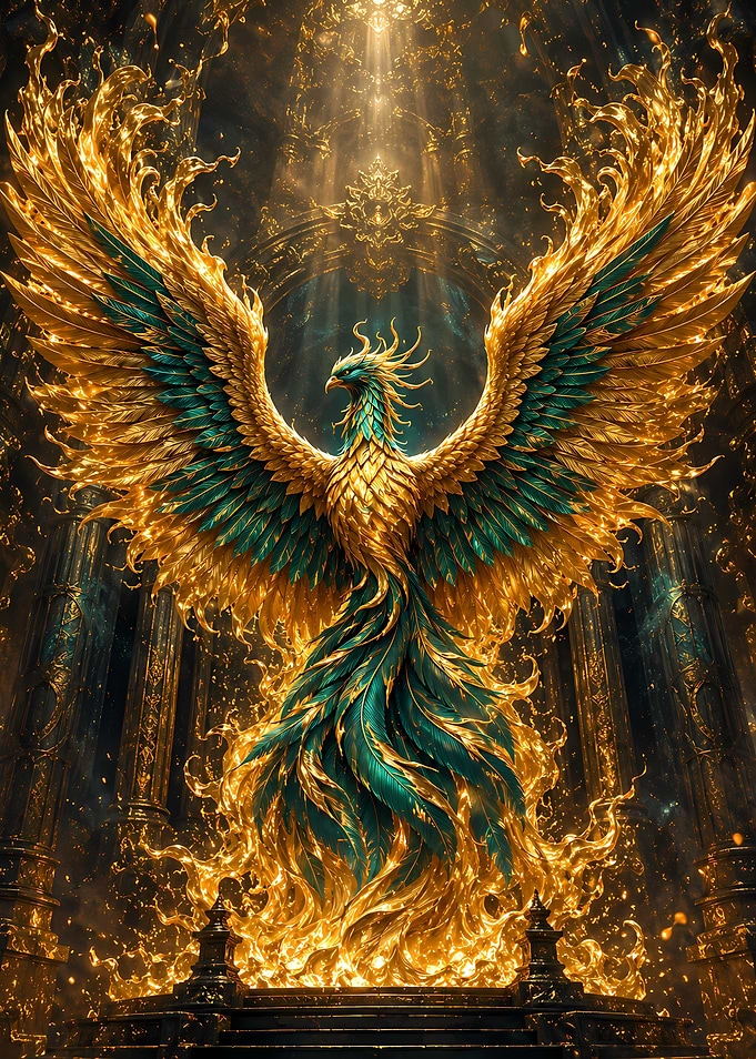 Golden Phoenix Rising from Flames
