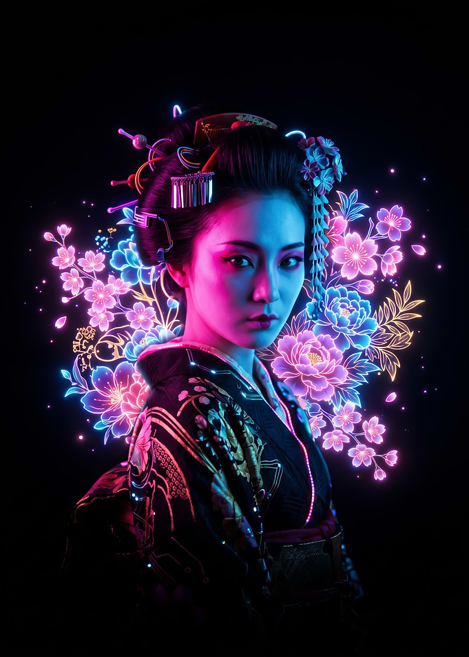 Neon Geisha with Floral Accents