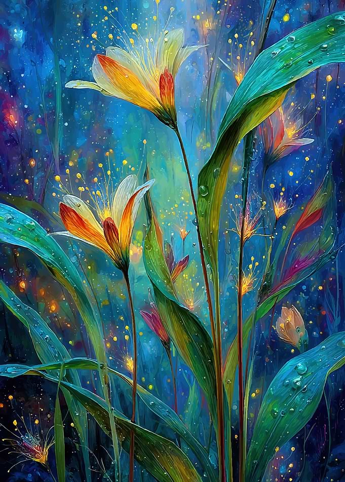 Magical Glowing Flowers in Blue Forest