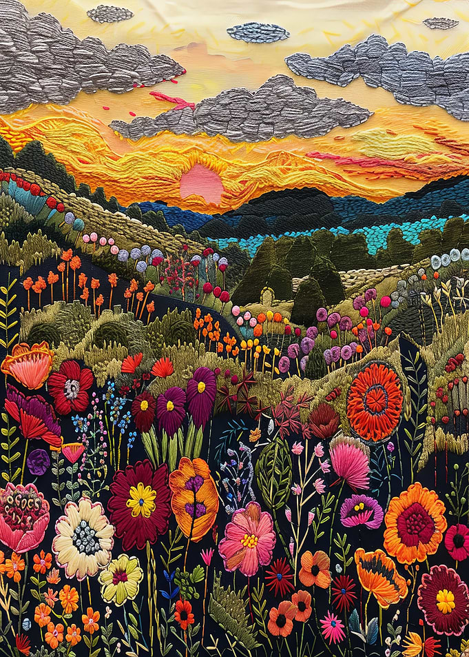 Embroidered Sunset Landscape with Wildflowers