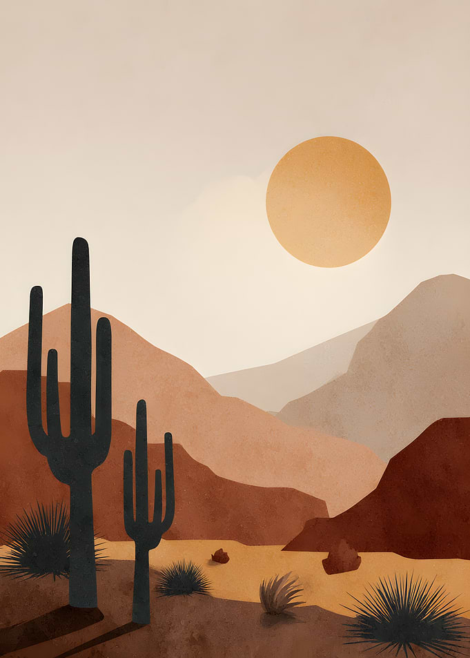 Desert Landscape with Cacti and Sun