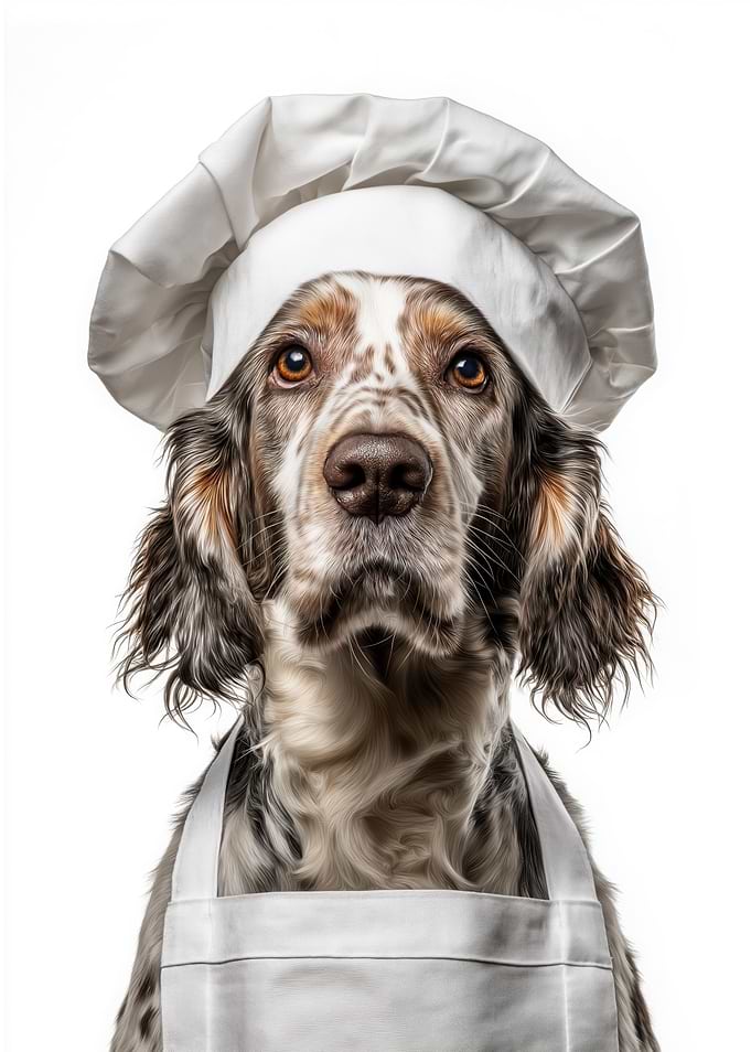 Chef English Setter Dog with Chef Hat and Apron