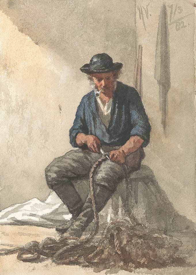 Fisherman mending a net