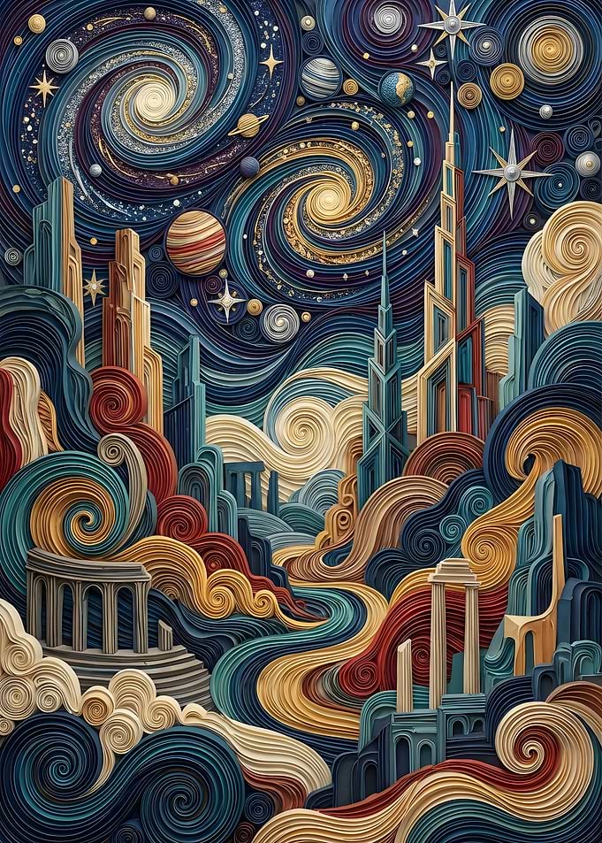 Cosmic Cityscape with Swirling Nebulae