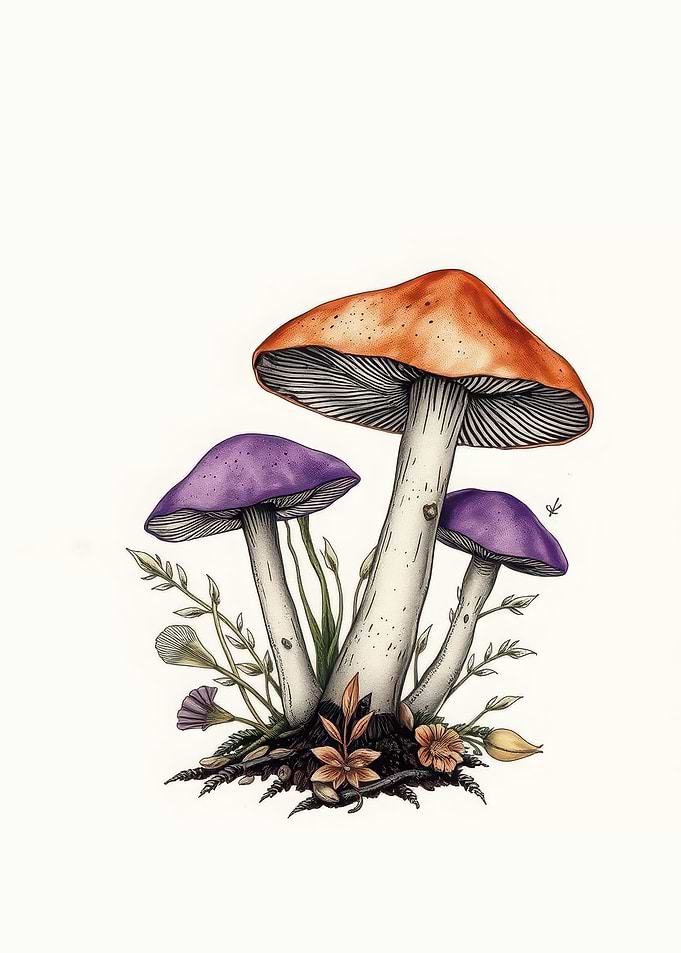 Mushroom Illustration with Flowers