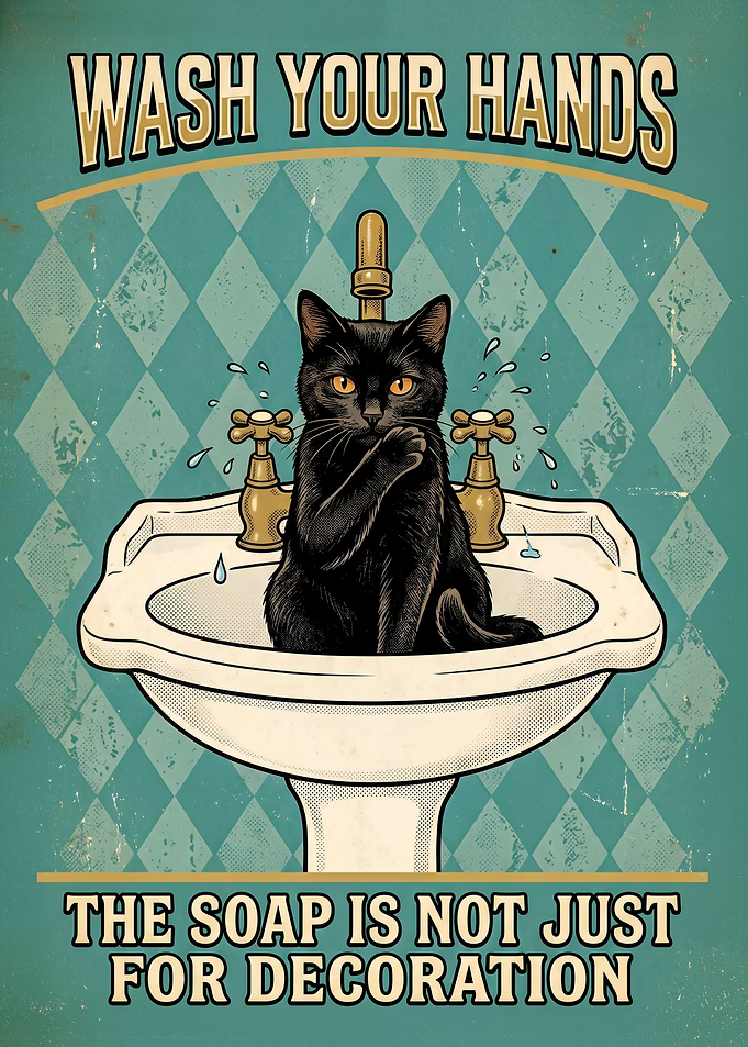 Black Cat in Sink Wash Your Hands Vintage