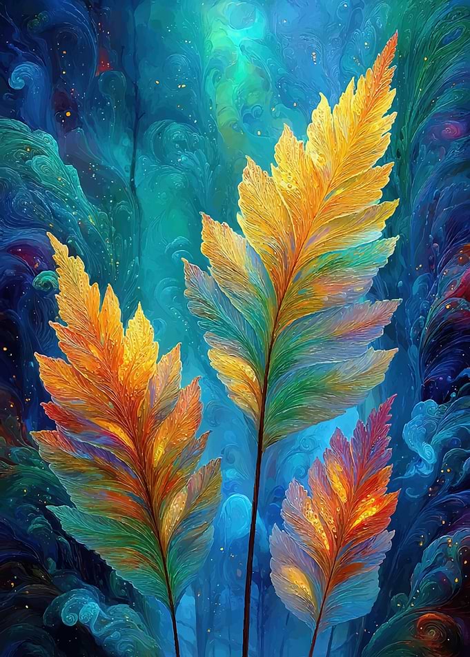 Vibrant Feathery Plants in Blue Forest