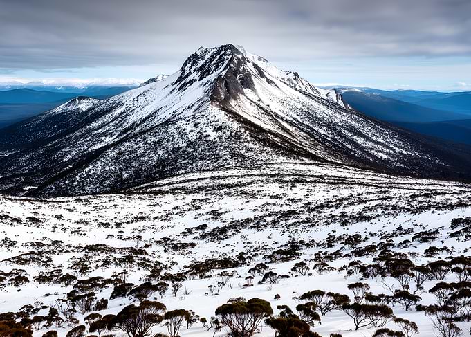 Snow-covered mountain landscape with scattered trees