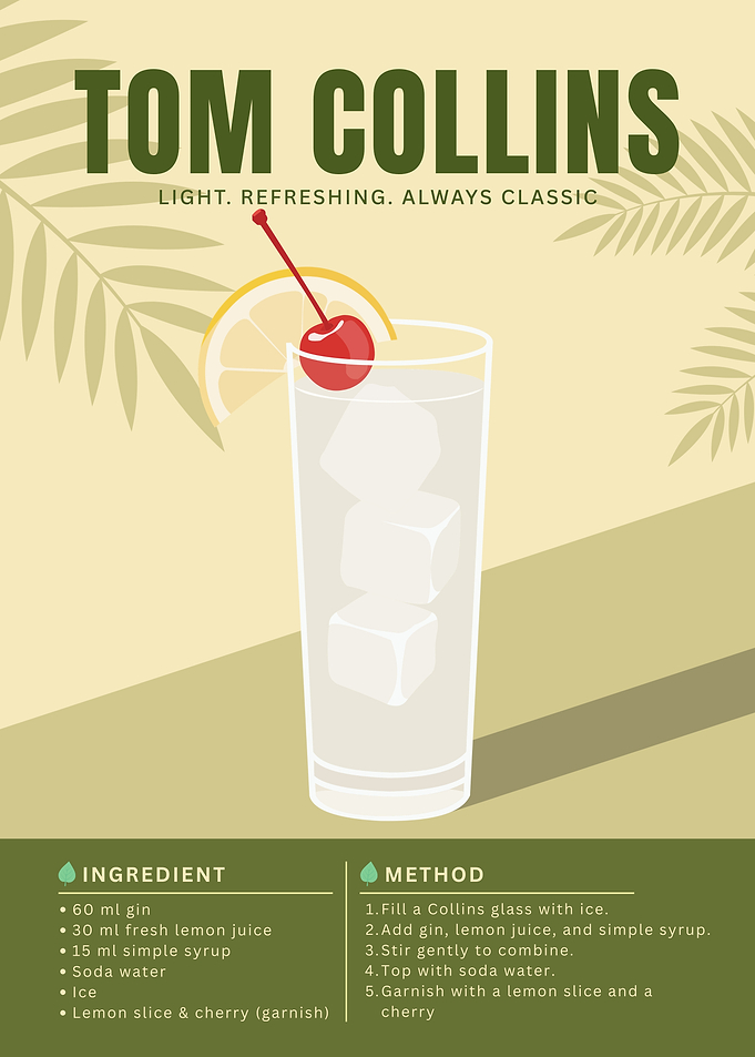 Tom Collins Cocktail Poster – Minimalist Gin Drink Art in Fresh Retro Style