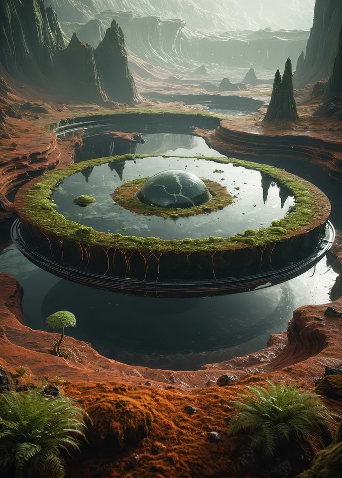 Floating Oasis in an Alien Canyon — Moss-ringed Basin with Glass Dome