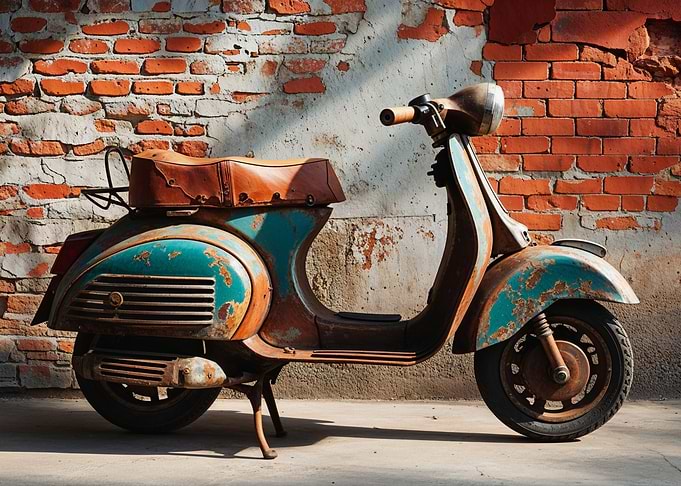 Rusty Vintage Scooter Against Brick Wall