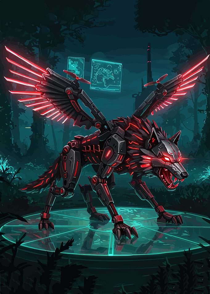 Cybernetic Wolf with Neon Wings