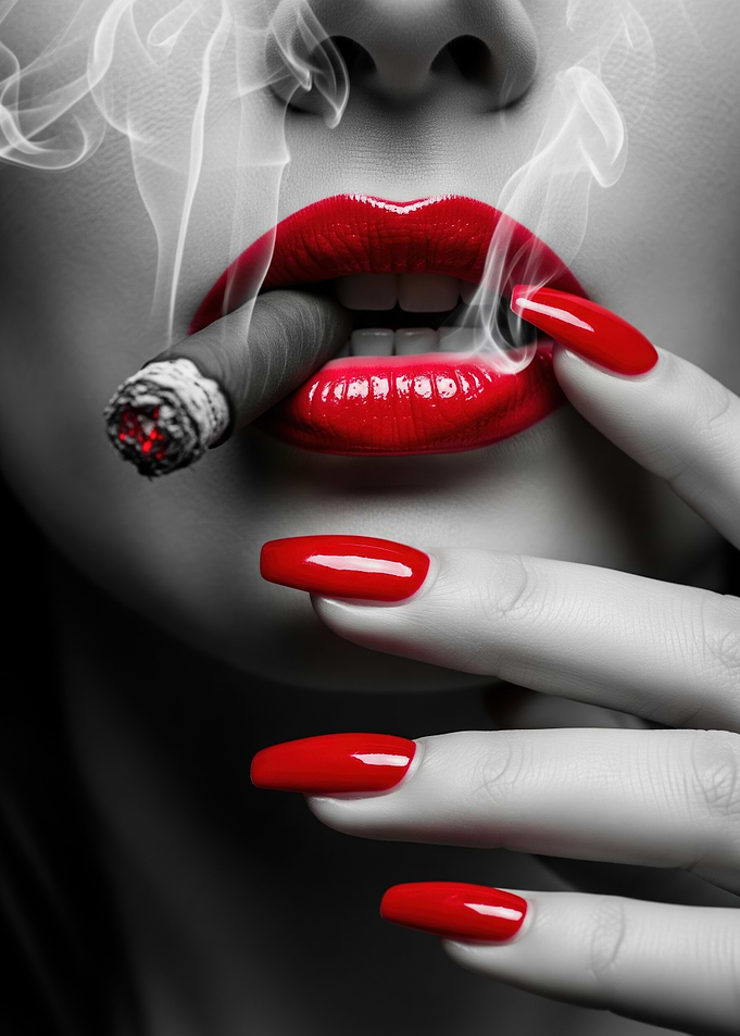 Woman with Red Lips Smoking a Cigar