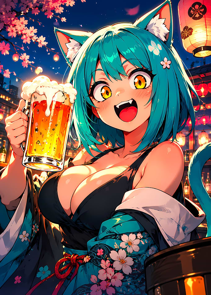 Anime Cat Girl with Beer