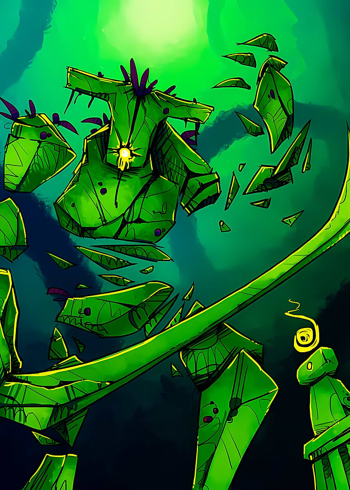 Green Crystal Golem Breaking Apart