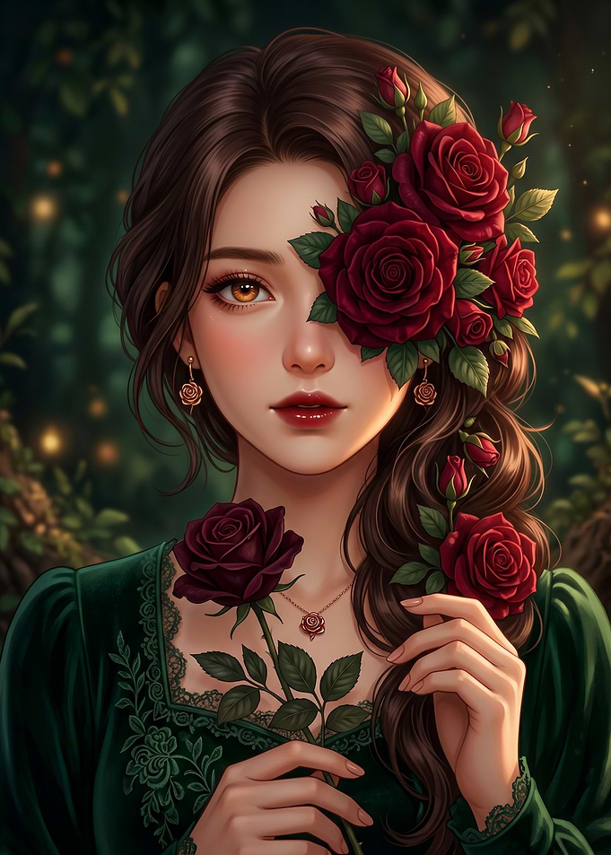 Beautiful Anime Girl with Red Roses Romantic Aesthetic Portrait