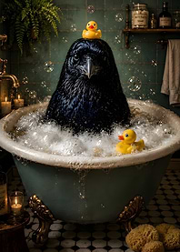 Raven in a Bathtub with Rubber Ducks