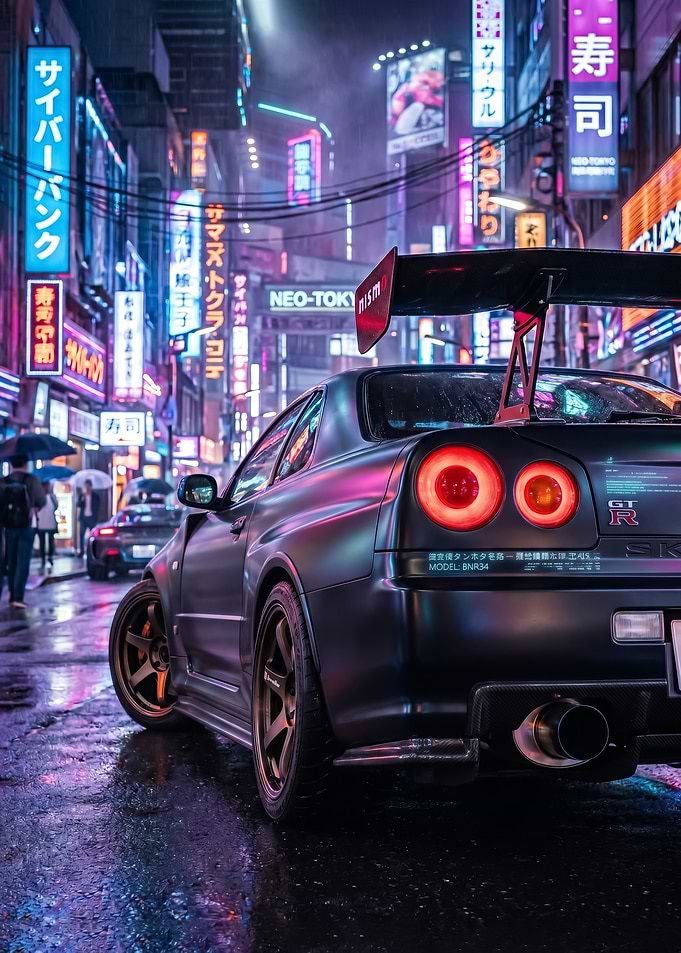 Cyberpunk Nissan GT-R r34 in Neon City poster