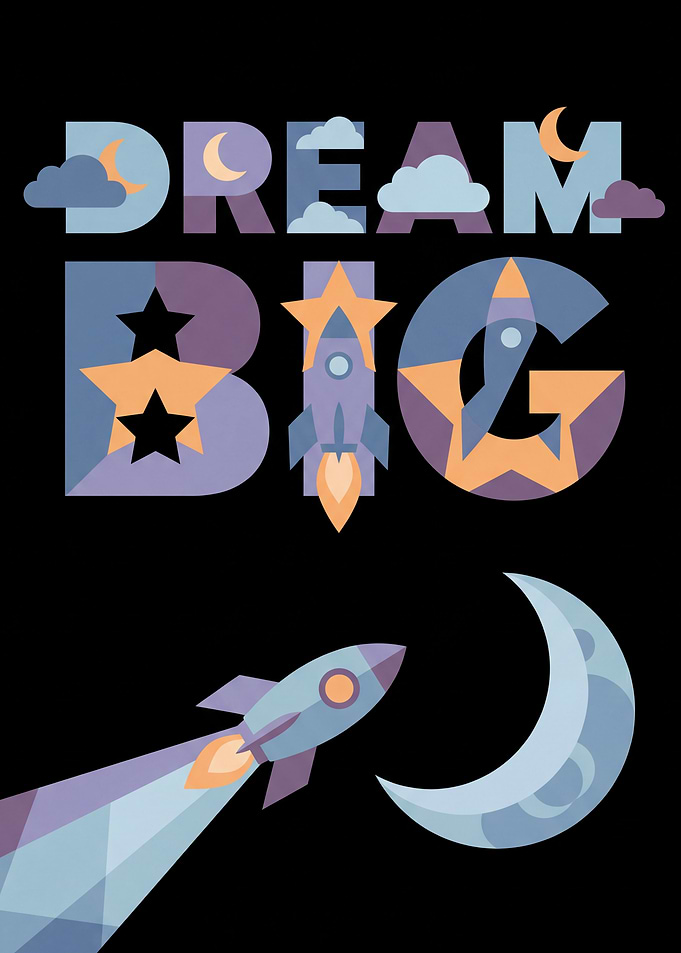 Dream Big Rocket Moon Clouds