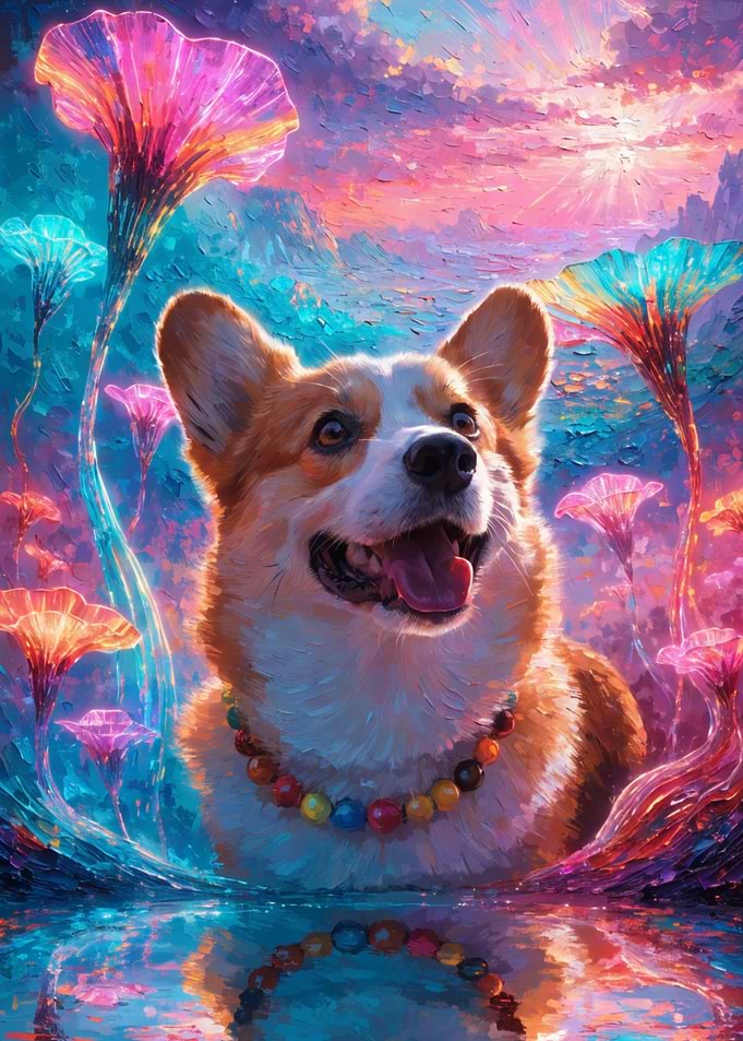 Corgi in a fantasy floral landscape