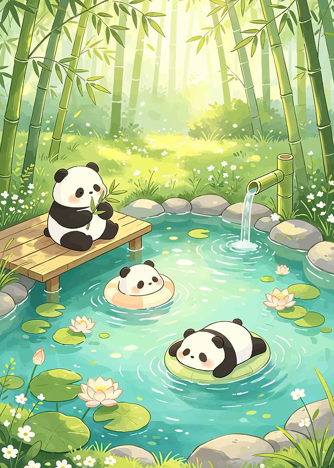 Cute Pandas in a Bamboo Forest Pond