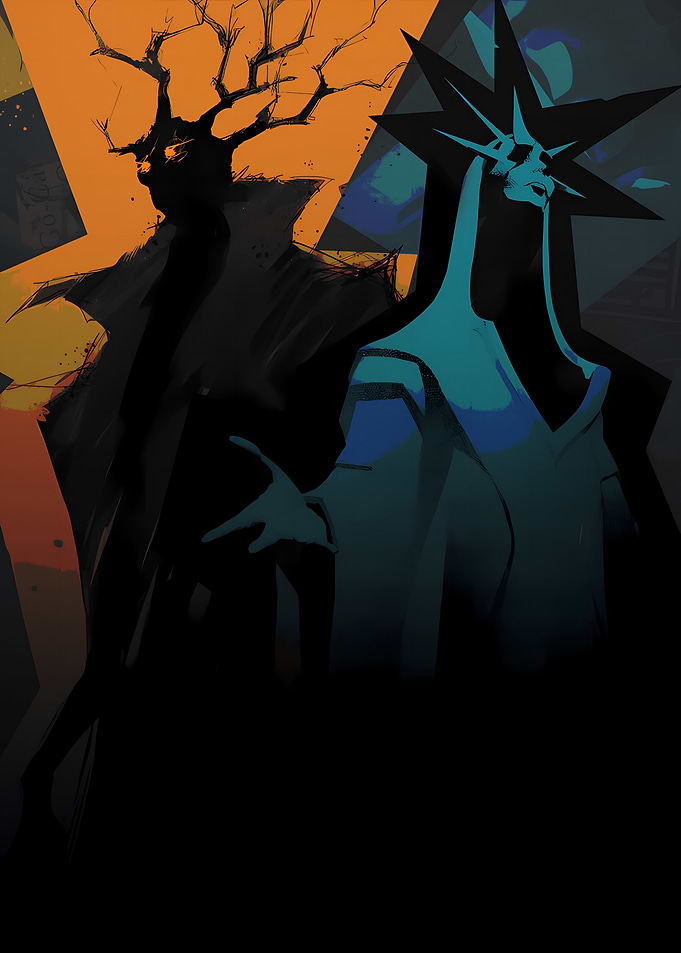 Mysterious Figures with Antlers and Crown