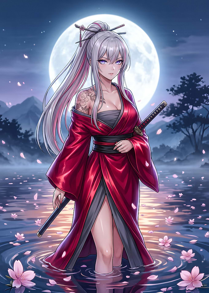 Samurai Woman in Red Kimono by Full Moon